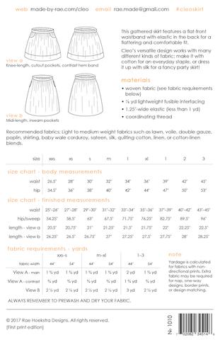 Cleo Skirt Paper Pattern XS, S, M, L, XL, Plus Sizes 1-3