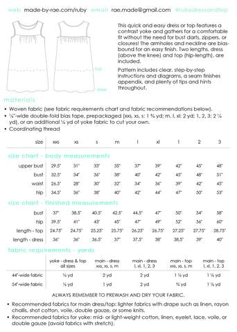 Ruby Dress & Top Paper Pattern XS, S, M, L, XL, Plus Sizes 1-3