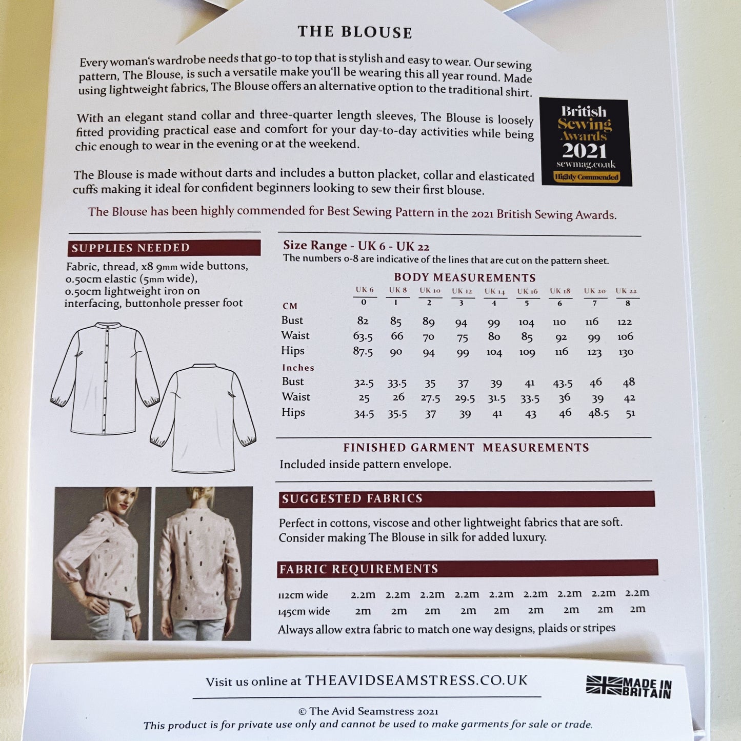 Patrón de costura de blusa - Patrón de costura del Reino Unido