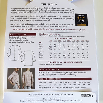 Patrón de costura de blusa - Patrón de costura del Reino Unido